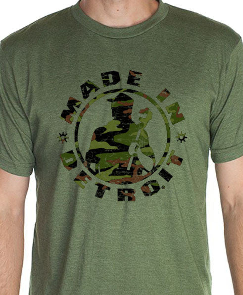 Made In Detroit Camo print on green shirt  wrenchman muscle car shirt car shirt detroit shifter